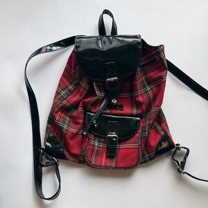 Red Plaid Backpack with Black Accents